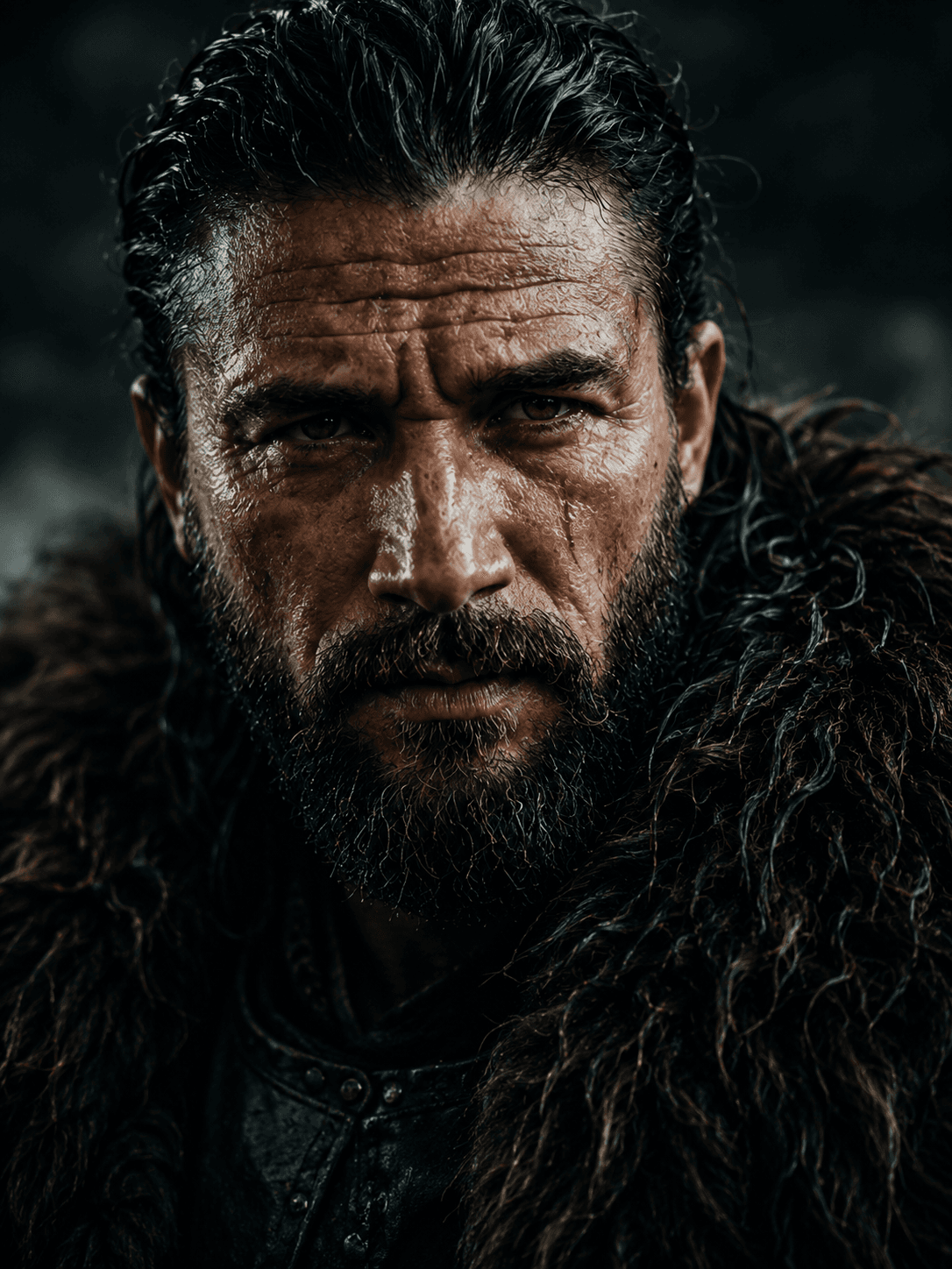 A close portrait of a battle-worn warrior
